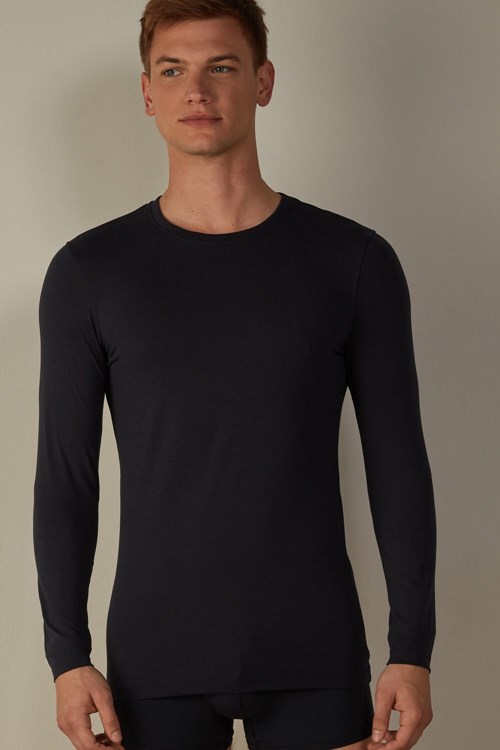 800 - Midnight Blue Intimissimi Long-Sleeve Stretch Supima Cotton Top | KTROY5273