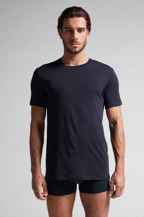 800 - Midnight Blue Intimissimi Short Sleeve Crew Neck T Shirt in Supima® Cotton | MCTPN2984