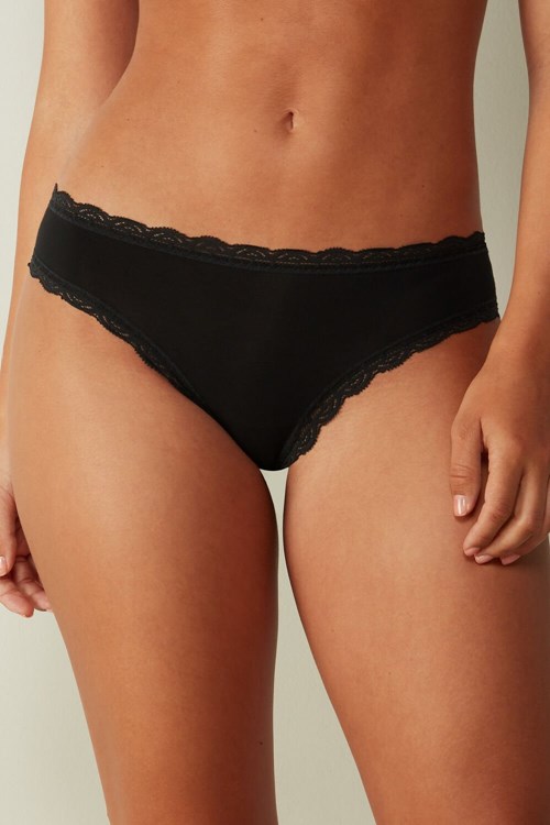 Black - 019 - Black Intimissimi Cotton and Lace Panties | TKGFC4530