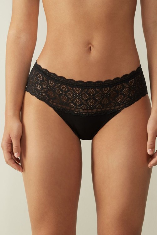 Black - 019 - Black Intimissimi Lace and Cotton High Rise Panties | GVYWS3645