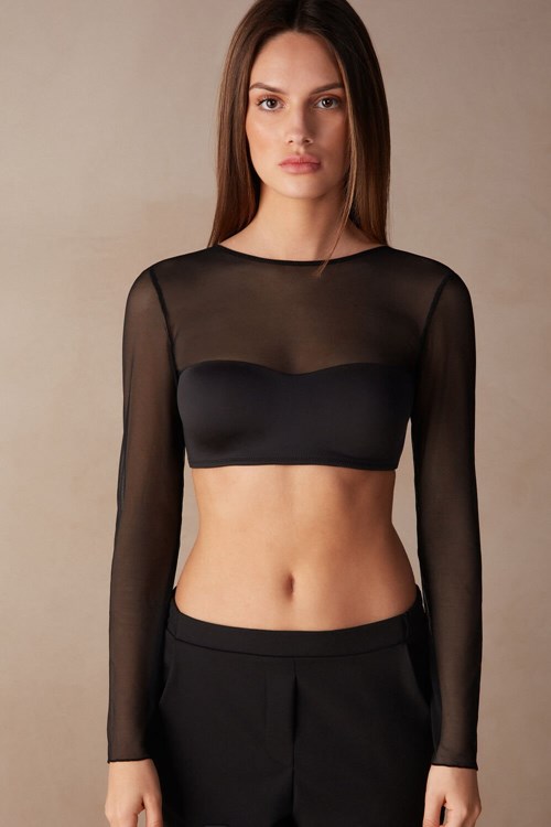 Black - 019 - Black Intimissimi Long Sleeve Bra Top in Ultralight Microfiber and Tulle | AIJLR8512