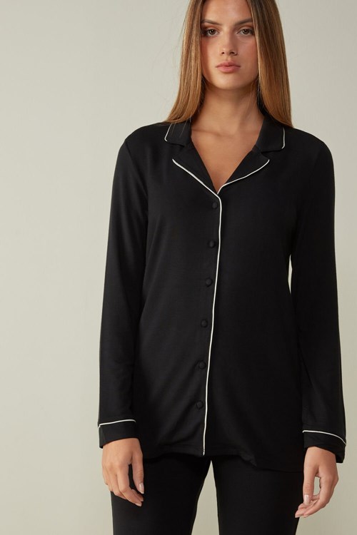 Black - 019 - Black Intimissimi Long-Sleeve Micromodal Pajama Top | SBGJY4563