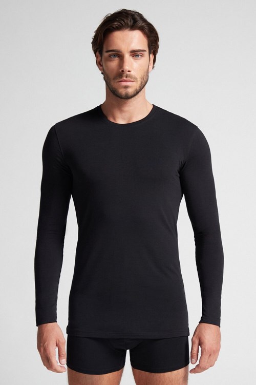 Black - 019 - Black Intimissimi Long-Sleeve Stretch Supima Cotton Top | WCERG0231