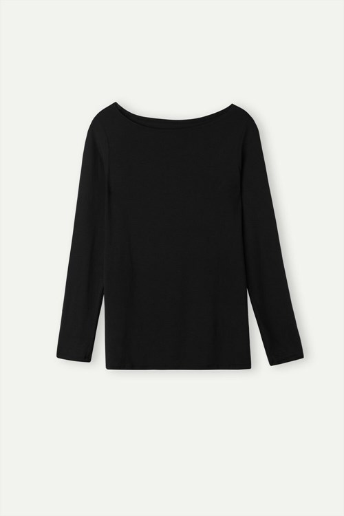 Black - 019 - Black Intimissimi Long Sleeve Bateau Neck Top in Micromodal | XTAHQ3192