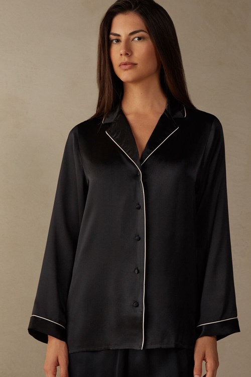 Black - 019 - Black Intimissimi Mannish-Cut Jacket in Silk Satin | LZEKH5032