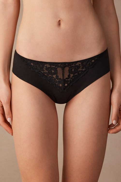 Black - 019 - Black Intimissimi Pretty Flowers Seamless Cotton Panties | RZPNM8720