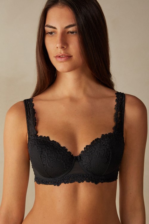 Black - 019 - Black Intimissimi Pretty Flowers Sofia Balconette Bra | YXUCW4369