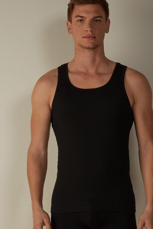 Black - 019 - Black Intimissimi Ribbed Supima Cotton Tank Top | DBHIM6702