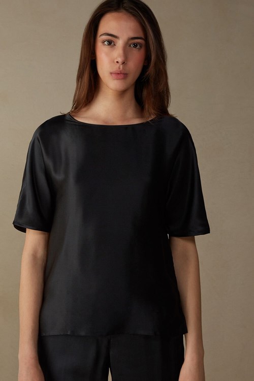 Black - 019 - Black Intimissimi Short Sleeve Silk and Modal Top | ATOPG5631