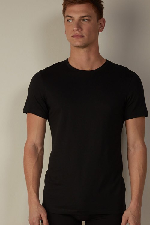 Black - 019 - Black Intimissimi Short Sleeve Crew Neck T Shirt in Supima® Cotton | GXPRZ5982