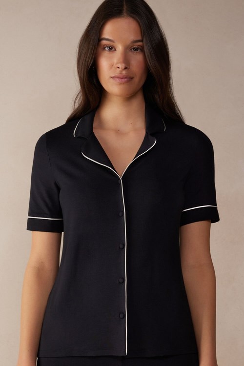 Black - 019 - Black Intimissimi Short Sleeve Button Up Shirt in Modal | OPJQF6905