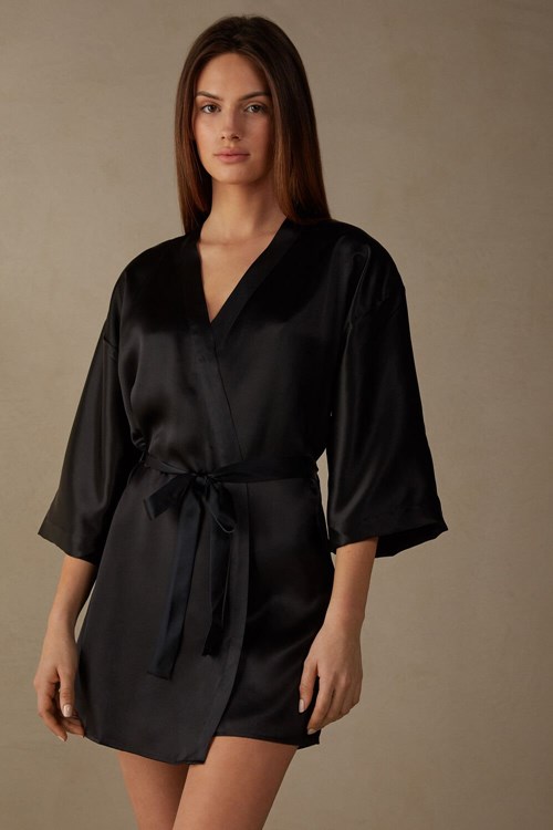 Black - 019 - Black Intimissimi Silk Kimono | EKMFW4905