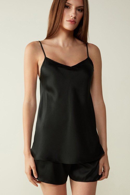 Black - 019 - Black Intimissimi Silk Satin Top with V-neckline | WVZJT3725