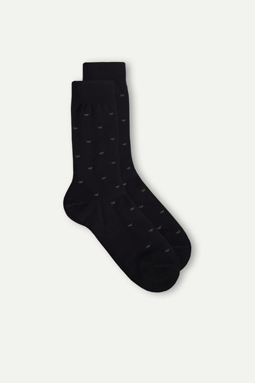 Black - 195j - Black Paper Boats Print Intimissimi Men’s Short Socks in Patterned Lisle Cotton | YPMLS6827