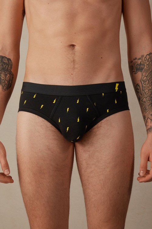 Black - 197j - Black Lightning Print Intimissimi Lightning Bolt Briefs in Stretch Supima® Cotton | DRWSK8016