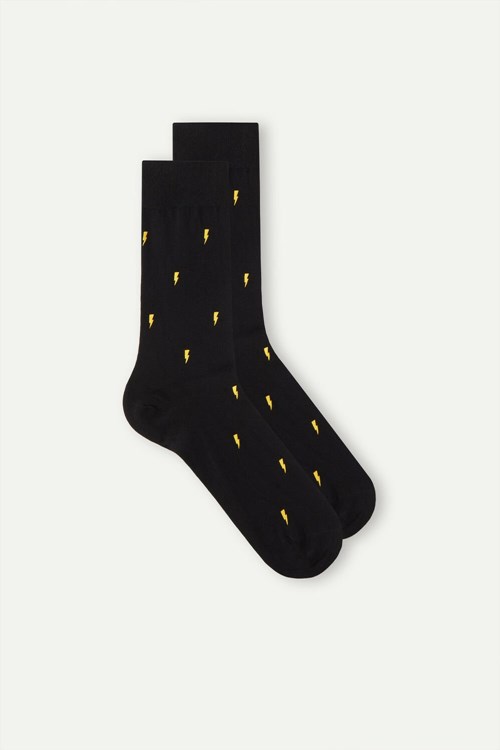 Black - 197j - Black Lightning Print Intimissimi Short Socks in Patterned Cotton | OTNEG4501