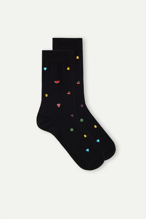 Black - 199j - Black Slot Machine Print Intimissimi Short Socks in Patterned Cotton | QEHLG0869