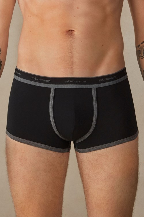 Black - 385i - Black / Graphite Blend Intimissimi Stretch Supima® Cotton Boxer Shorts with Logo Detail | SDWPV4890