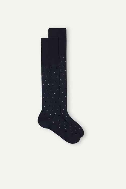 Blue - 049j - Midnight Blue Dot Print Intimissimi Men’s Long Socks in Patterned Lisle Cotton | UBSIJ4097