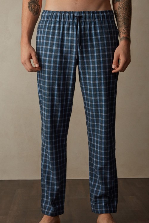 Blue - 089j - Blue Check Intimissimi Full Length Pants in Check Patterned Brushed Cloth | KYTAX6915