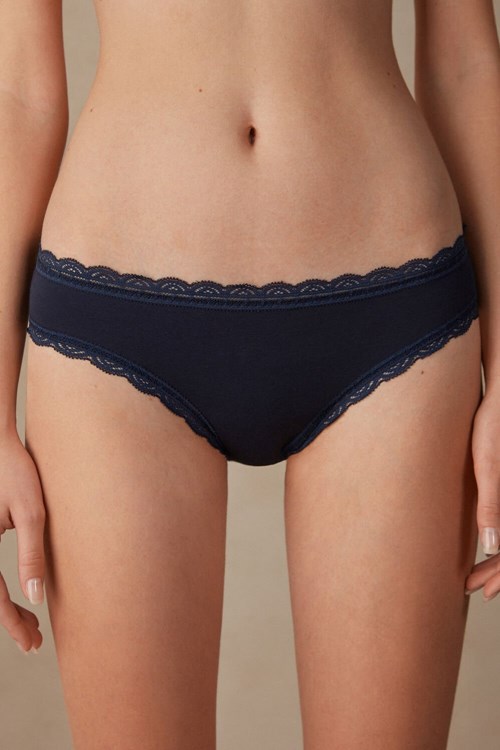 Blue - 1467 - Intense Blue Intimissimi Cotton and Lace Panties | EYNCL0164