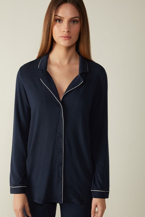 Blue - 1467 - Intense Blue Intimissimi Long-Sleeve Micromodal Pajama Top | QZYGD6540