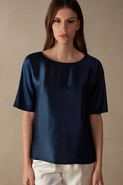 Blue - 1467 - Intense Blue Intimissimi Short Sleeve Silk and Modal Top | FXWRP4592