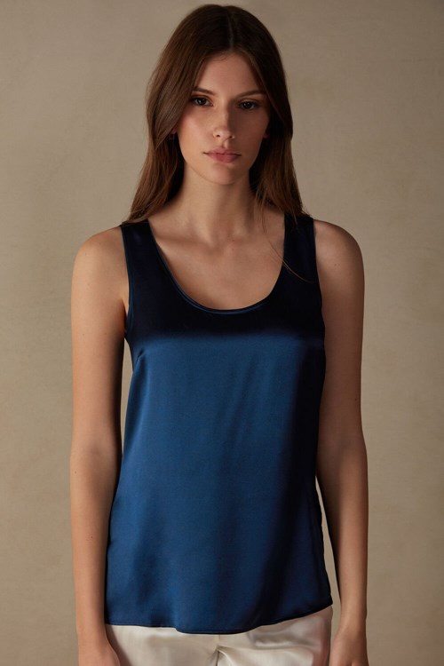 Blue - 1467 - Intense Blue Intimissimi Silk and Modal Tank Top | IUKNE2034