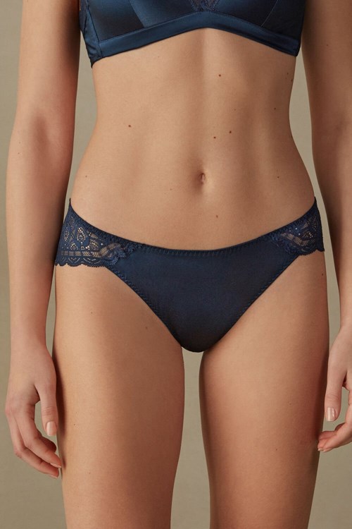 Blue - 1467 - Intense Blue Intimissimi Silk and Lace Briefs | RZNXV5368