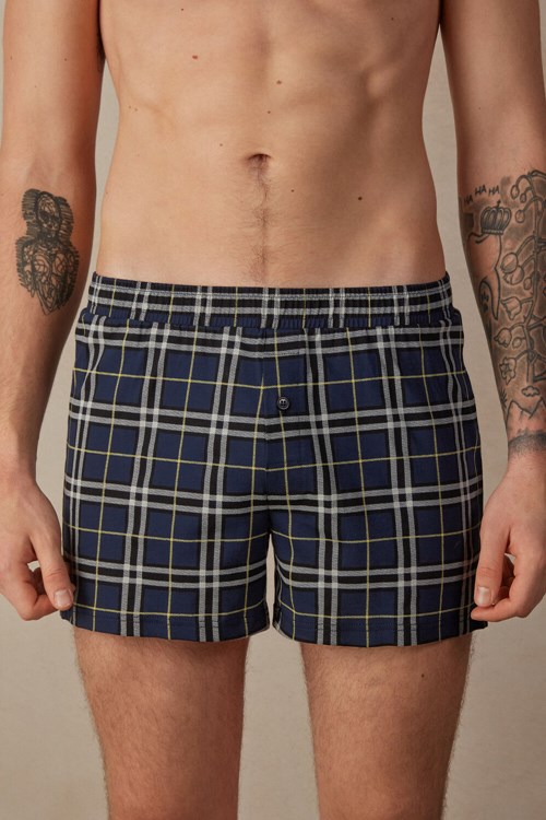 Blue - 171j - Blue / Yellow Tartan Print Intimissimi Tartan Patterned Cotton Jersey Relaxed Fit Boxers | HXTLS3147