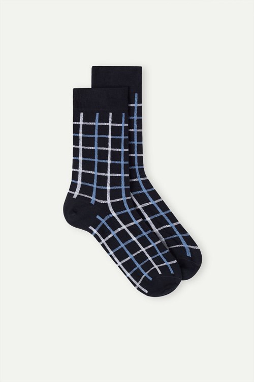 Blue - 187j - Dark Blue Check Intimissimi Short Socks in Patterned Cotton | IKVWR9801