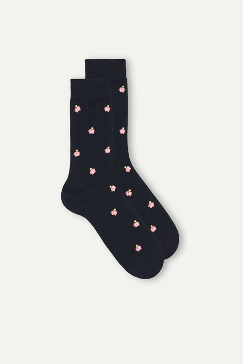 Blue - 190j - Dark Blue Piggy Bank Print Intimissimi Short Socks in Patterned Cotton | JKDNL9124