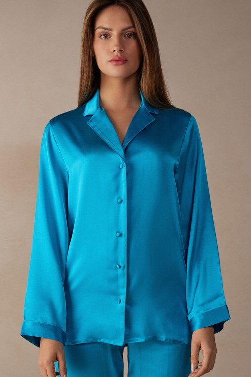 Blue - 210j - Digital Turquoise Intimissimi Mannish-Cut Jacket in Silk Satin | PHGIT0931