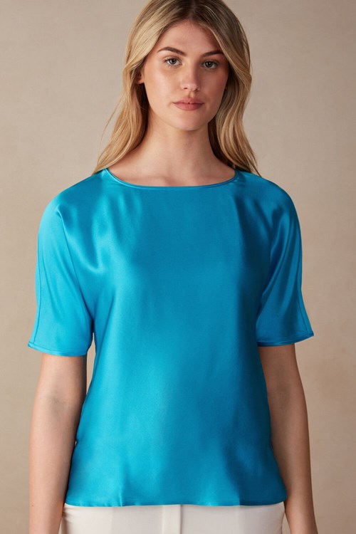 Blue - 210j - Digital Turquoise Intimissimi Short Sleeve Silk and Modal Top | QKTPV0715