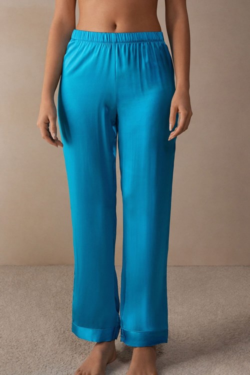 Blue - 210j - Digital Turquoise Intimissimi Silk Satin Pajama Pants | RWCQT2947