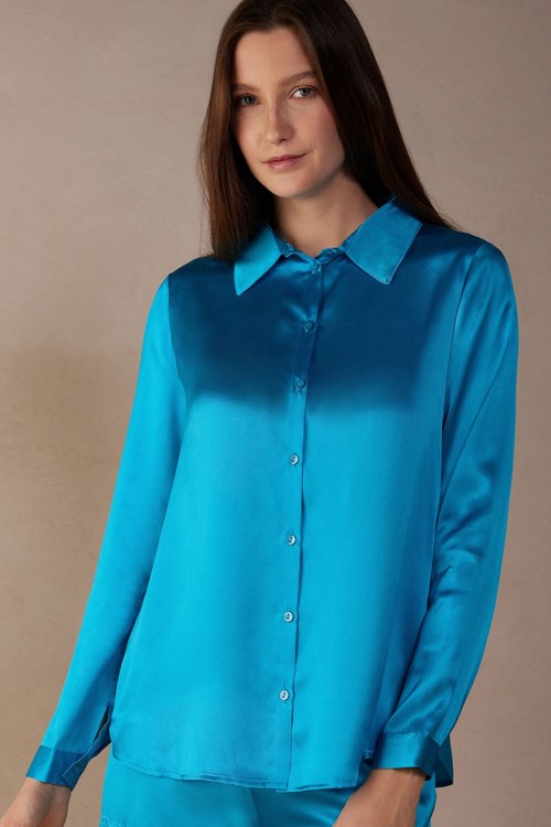 Blue - 210j - Digital Turquoise Intimissimi Long Sleeve Silk Shirt | RYTUZ9615