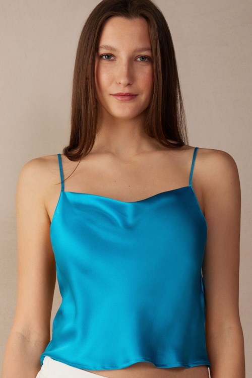 Blue - 210j - Digital Turquoise Intimissimi Silk Crop Camisole | ULFIY8961