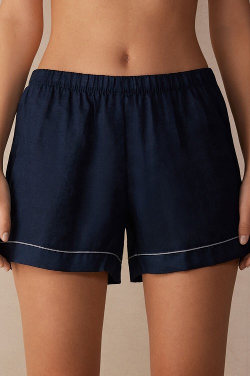 Blue - 243j - Sailor Blue Intimissimi Yacht Night Linen Shorts | KVXPH4937