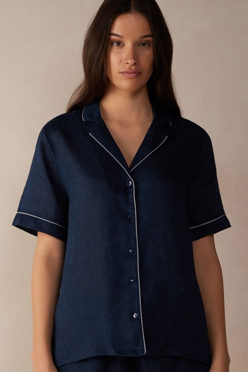 Blue - 243j - Sailor Blue Intimissimi Yacht Night Linen Short Sleeve Shirt | MEVSK5370