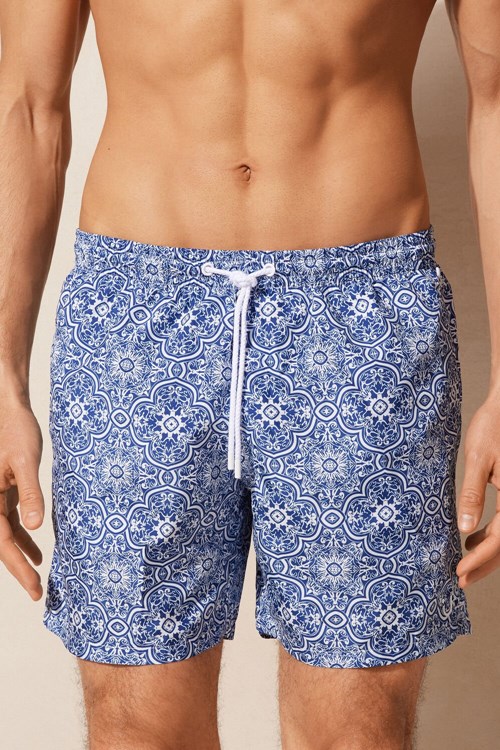 Blue - 263j - White Blue Majolica Print Intimissimi Blue Majolica Print Swim Trunks | KIXUE8765