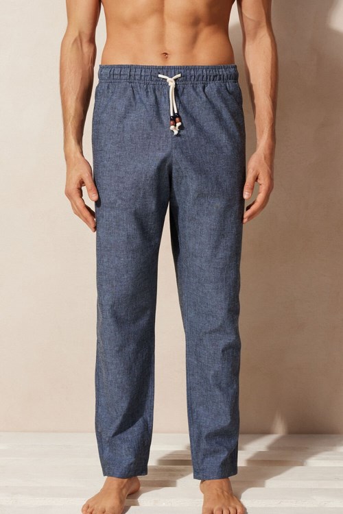 Blue - 288j - Petroleum Blue Intimissimi Linen and Cotton Full Length Pants | NBPUS3076