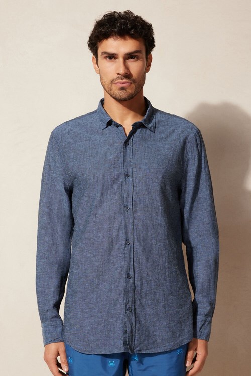 Blue - 288j - Petroleum Blue Intimissimi Linen and Cotton Shirt | SNDRY0236