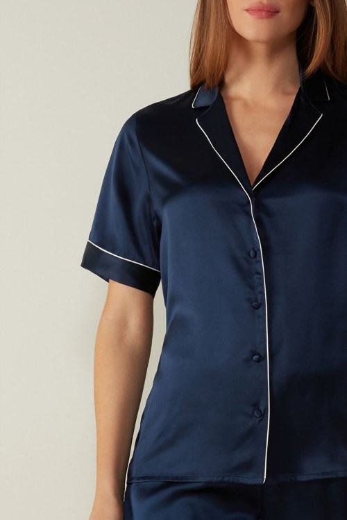 Blue - 3094 - Ink Blue Intimissimi Short Sleeve Silk Shirt with Contrast Trim | RIFUJ3571