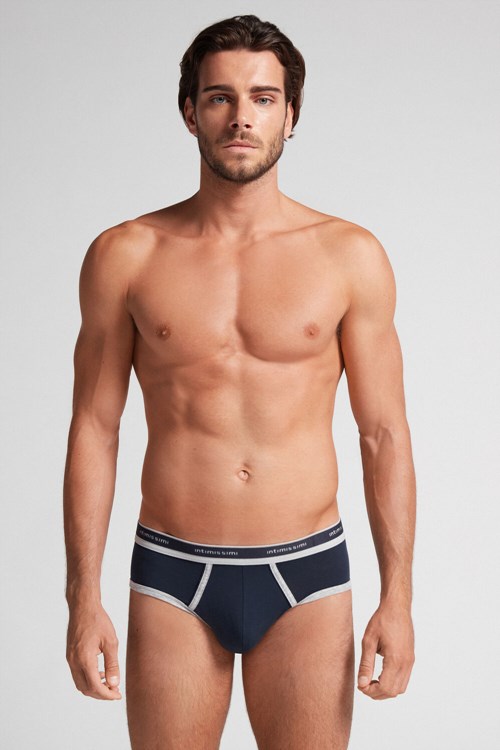 Blue - 320j - Midnight Blue / Light Heather Grey Intimissimi Natural Fresh Supima® Cotton Briefs with Logo | GLZRW5941