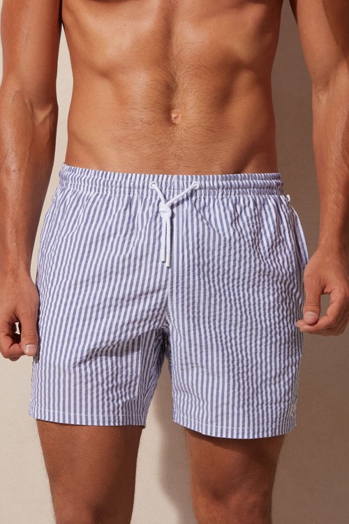 Blue - 327j - White / Navy Blue Intimissimi Stripe Print Seersucker Swim Trunks | FDPIR7650