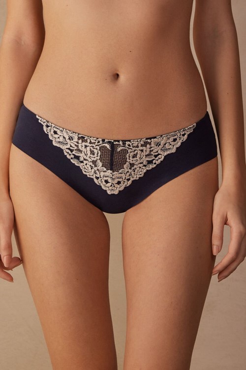 Blue - 347i - Deep Blue / Vanilla Intimissimi Pretty Flowers Seamless Cotton Panties | XZLIE1526