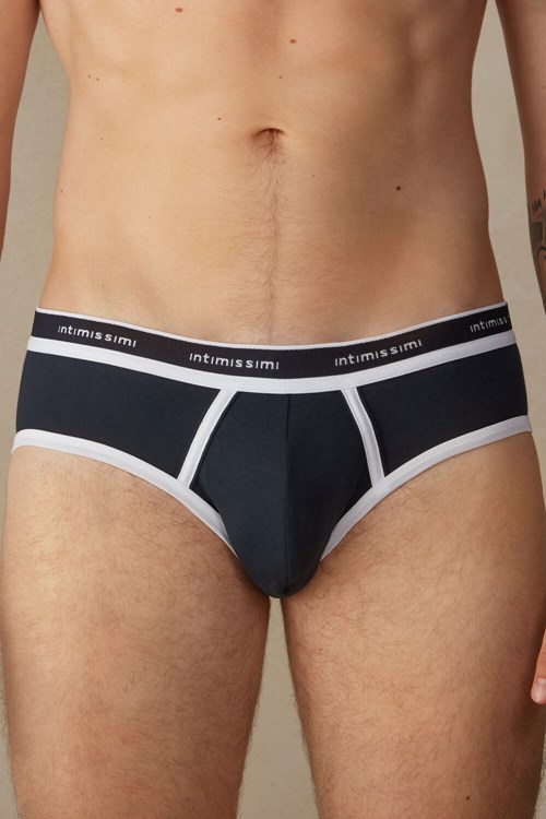 Blue - 3481 - Midnight Blue / White Intimissimi Stretch Supima® Cotton Brief with Logo Detail | INHWK8793