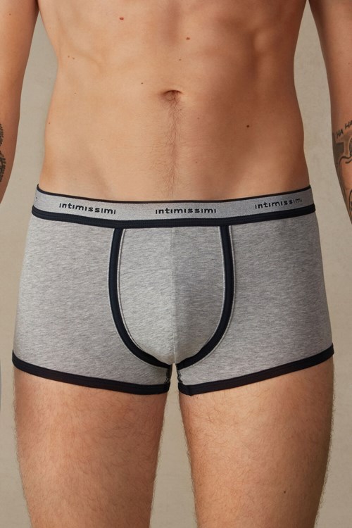 Blue - 387i - Light Grey Blend / Midnight Blue Intimissimi Stretch Supima® Cotton Boxer Shorts with Logo Detail | KWHET2837