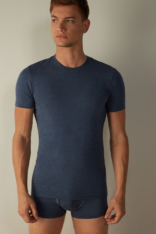 Blue - 5210 - Denim Blue Blend Intimissimi T-shirt in Stretch Supima® Cotton | ENTGV1257