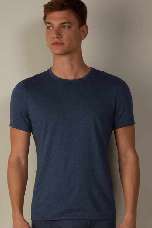 Blue - 5210 - Denim Blue Blend Intimissimi Short Sleeve Crew Neck T Shirt in Supima® Cotton | RHDZX5963